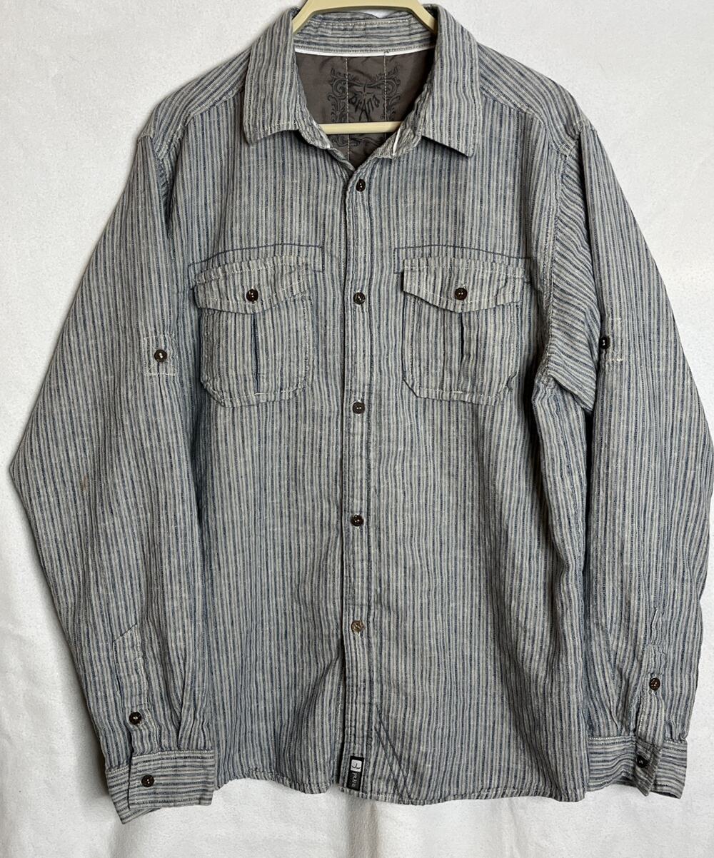 Prana Men's L Blue Striped Organic Cotton Blend Button Front Roll Tab Shirt